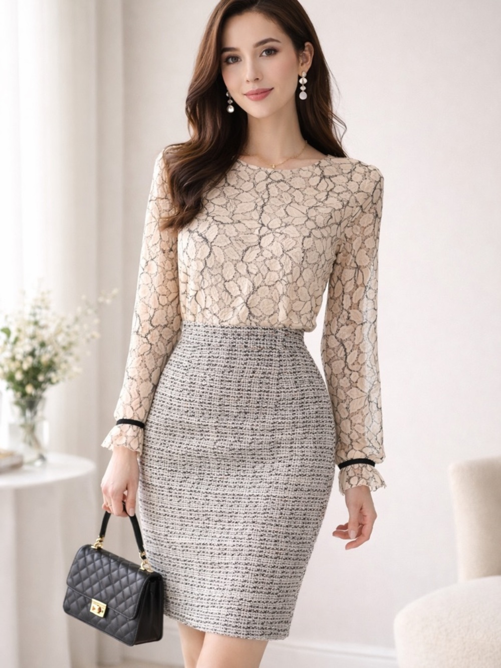 Karl Lagerfeld Black and Cream Tweed Pencil Skirt